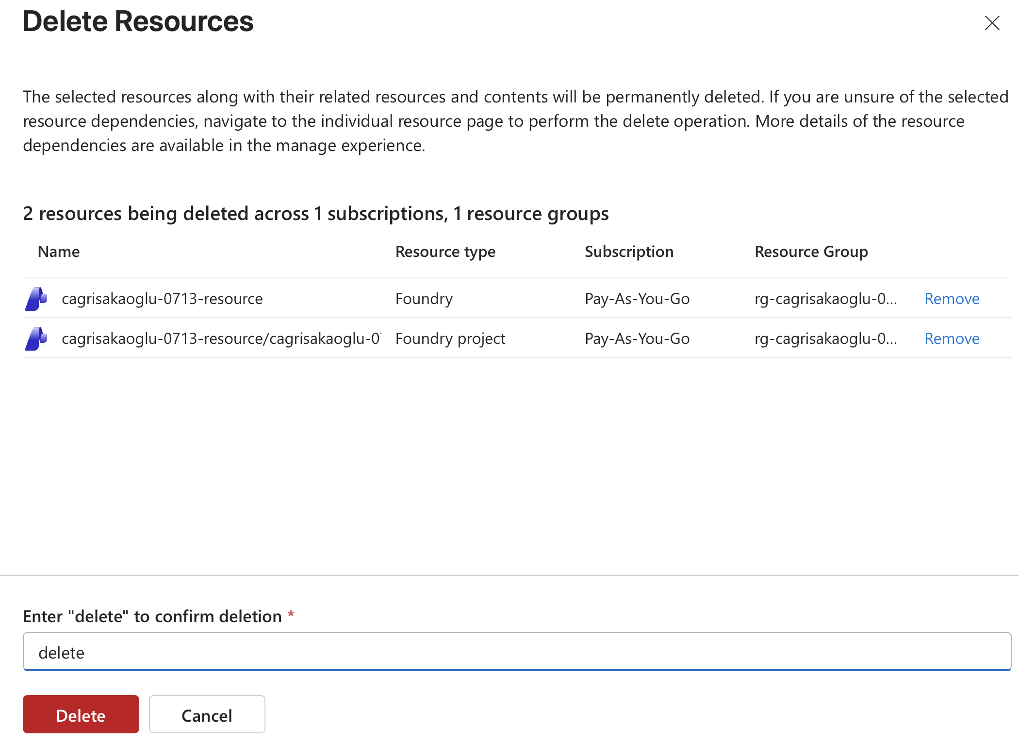 Delete the Foundry resource and project in Azure Portal when you are done