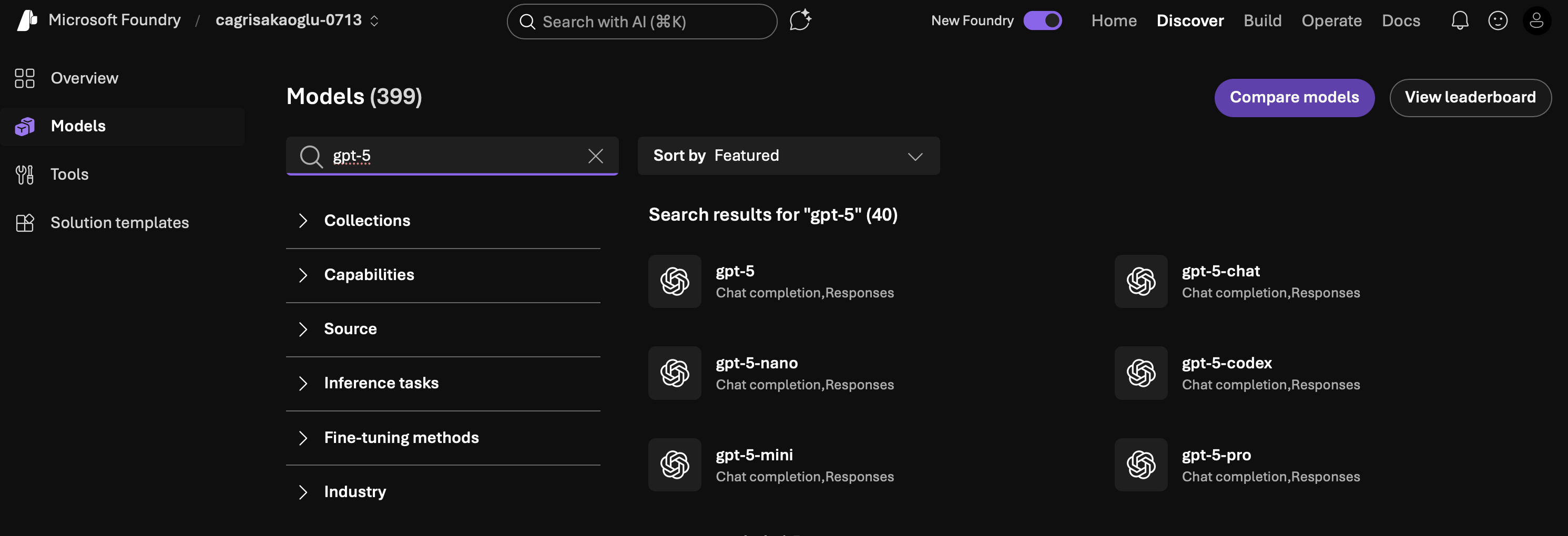 Search for gpt-5 in Azure AI Foundry