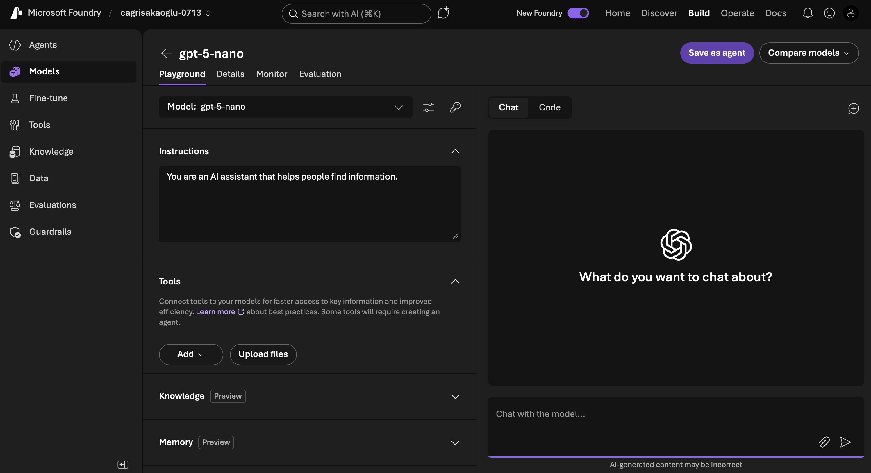 Verify the deployed model in the Foundry playground