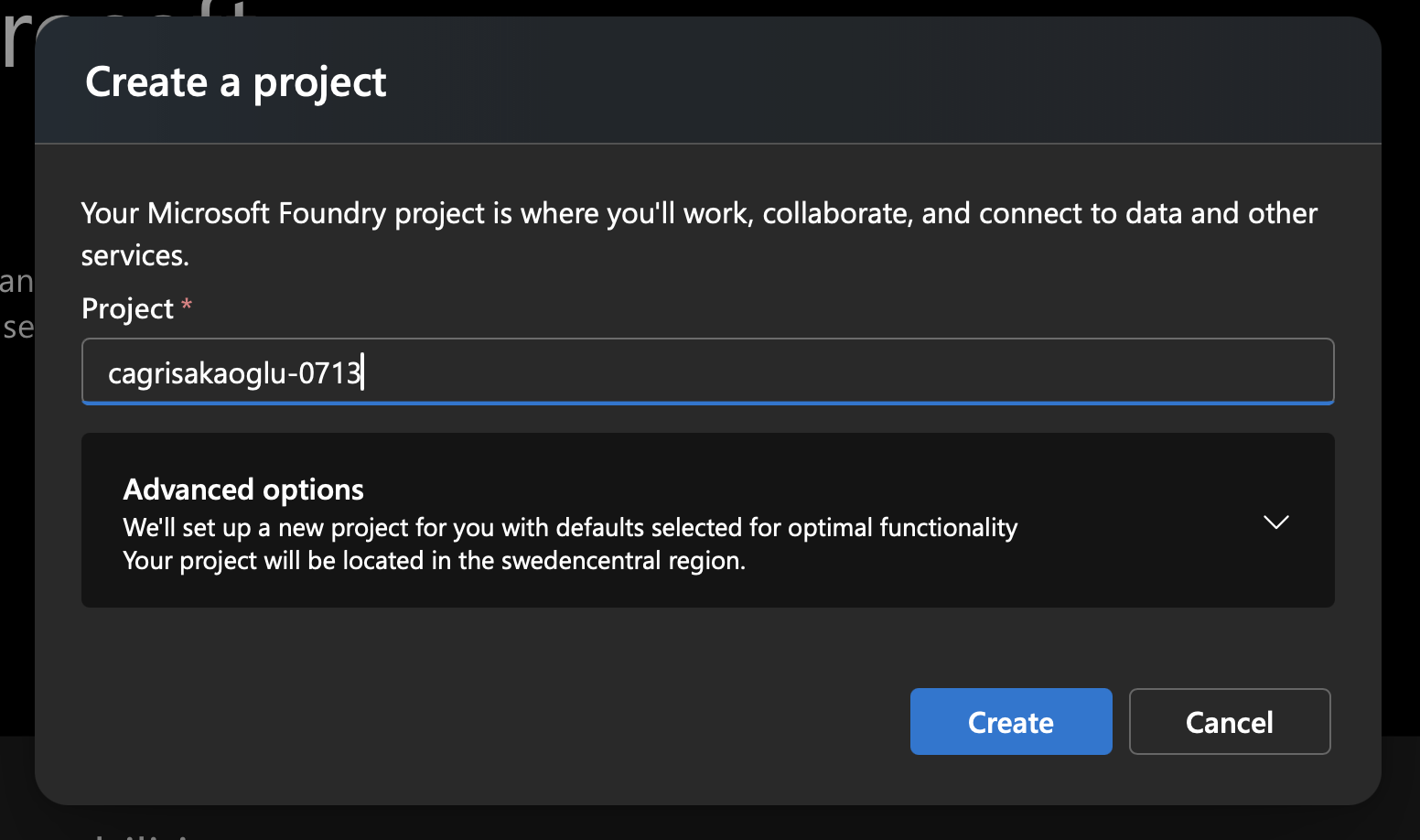 Enter the project name in Azure AI Foundry